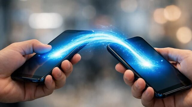 impact effect economic concept. Two hands connecting smartphones with glowing data transfer effect.