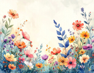 Border made of watercolor wild flowers and leaves, summer wedding and greeting illust