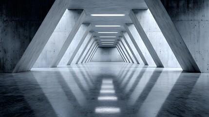 Futuristic Concrete Tunnel with Reflective Floor and Dramatic Lighting.
