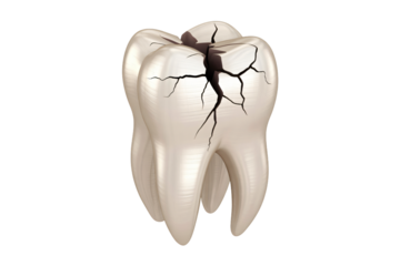 realistic 3d render of cracked molar tooth with deep fractures showing dental trauma and decay