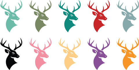 Fototapeta premium Collection of colorful deer head silhouettes, Stag head icons in multiple colors