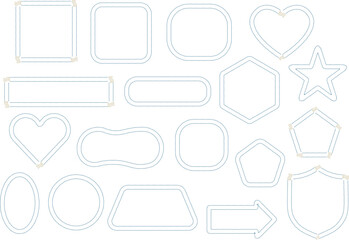 Light pastel outline shapes and minimal icon frames set. Clean thin line borders with hearts, stars, arrows and badges. Simple UI elements for web design, templates and modern graphic projects.