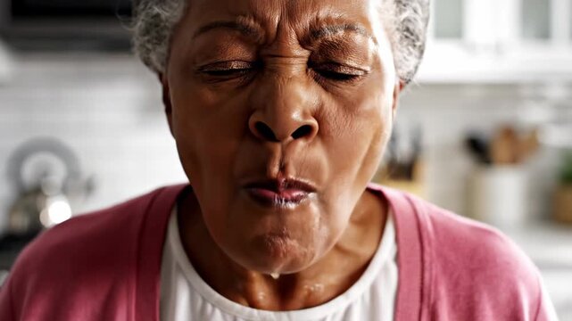 An older woman takes a bite of a lemon slice, her expression shifting from excitement to shock as the sour taste hits her. Laughter fills the sunny kitchen filled with warmth.