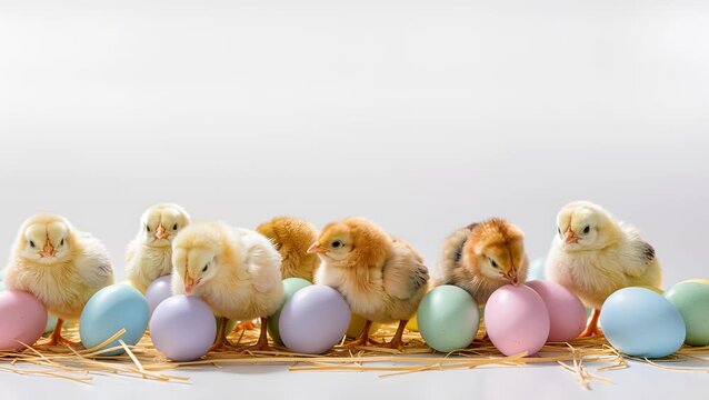 Group of adorable chicks interact with pastel-colored eggs on a bed of straw, showcasing playful behavior and curiosity in a vibrant, cheerful setting