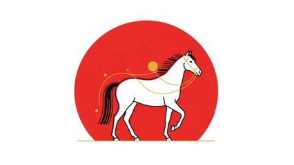 White horse with black mane and tail standing in front of large red circle with yellow lines © Nadeem
