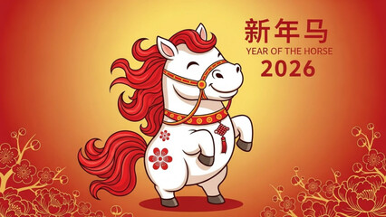 Chinese new year 2026 year of the horse white horse with red mane and flowers © Nadeem