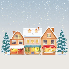 Cozy Winter Town Houses with Snowfall Illustration