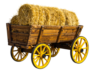 Wooden wagon loaded with golden hay, rustic yellow wheels