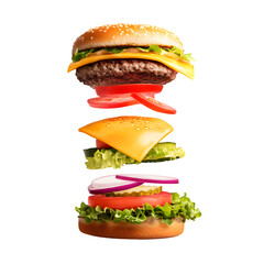 Floating Hamburger Ingredients in Vertical Stack isolated on transparent background 