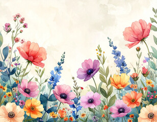 Border made of watercolor wild flowers and leaves, summer wedding and greeting illust