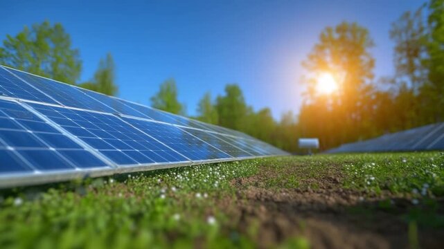 Harnessing Solar Energy: An expansive solar panel array stands proudly amidst a vibrant green field, bathed in the warmth of the sun and the promise of sustainable energy.