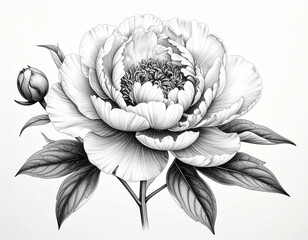 a black and white drawing of a peony flower on a white background, with leaves and bu
