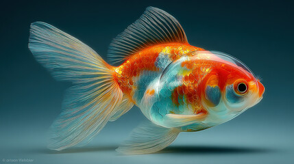 colorful goldfish with transparent fins swimming against a dark background.
