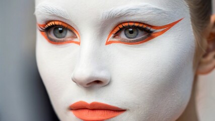 A woman with vibrant orange eyeshadow and lipstick, embodying avant-garde makeup artistry and striking visual aesthetics