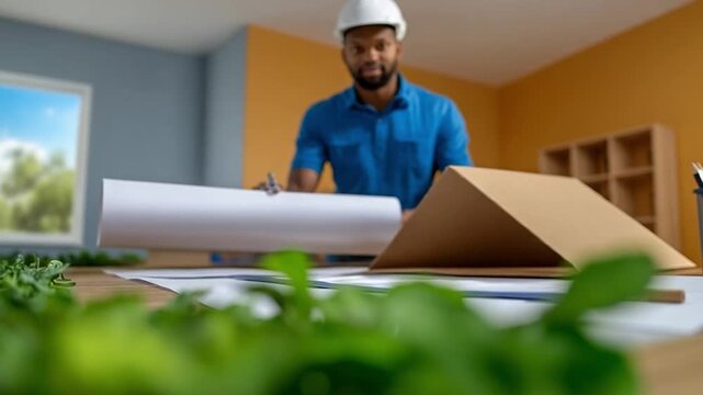 Architectural Blueprint: An architect is diligently reviewing the blueprint of a future home or structure. The focus is on the details of the design, ensuring everything aligns with the vision.