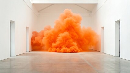 Intense orange smoke dramatically fills a minimalist white room, creating an abstract, ephemeral art installation that challenges perception and highlights the beauty of transient phenomena
