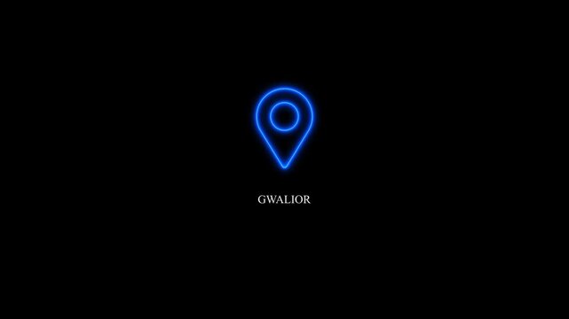 Gwalior text animation with glowing blue neon location marker, GPS geolocation pin highlighting city name, modern GPS location tracking concept, 4K video.