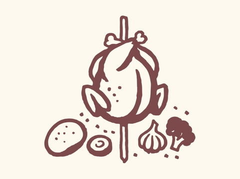 Rotisserie Chicken Doodle Outline Vector Illustration