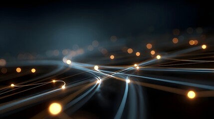 Abstract network of glowing blue and orange light trails connecting digital nodes on a dark background symbolizing data flow and technology