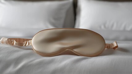 Ultra HD Beige silk sleep mask resting on white luxury bedding in a hotel room for better rest and relaxation video