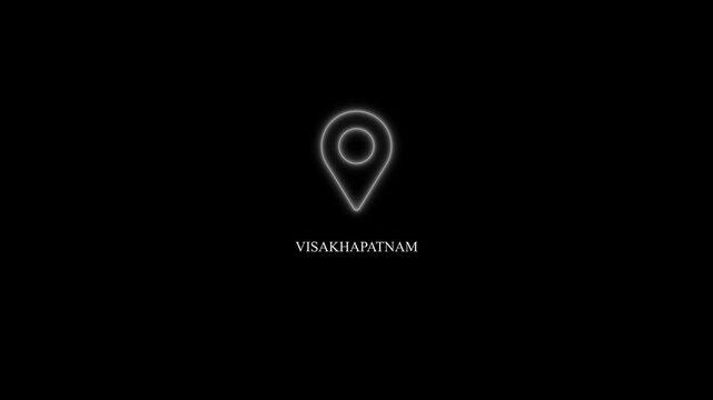 Visakhapatnam text animation with glowing with neon location marker, GPS geolocation pin highlighting city name, modern GPS location tracking concept, 4K video.