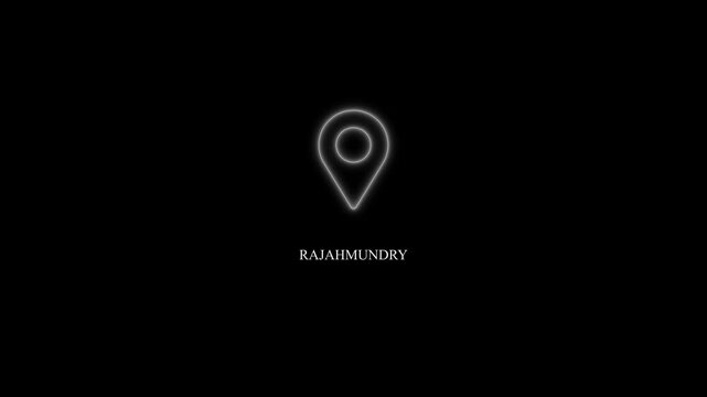 Rajahmundry text animation with glowing neon location marker, GPS geolocation pin highlighting city name, modern GPS location tracking concept, 4K video.