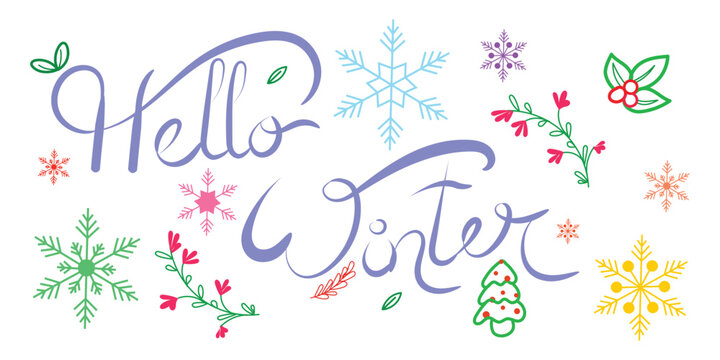 hello winter colorful hand lettering with snowflakes and floral doodles, hello winter script typography with festive icons on white background, hello winter modern calligraphy seasonal illustration 