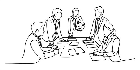 A continuous line art illustration of business people collaborating during a meeting Vector, illustration © Single Line Art