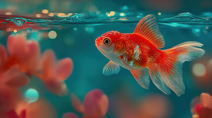 Bright orange goldfish swimming in a colorful aquatic environment.