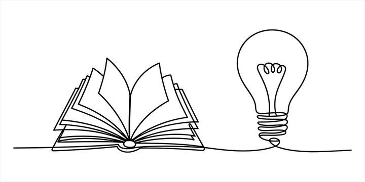 Continuous line drawing of an open book and a light bulb representing knowledge leading to ideas Vector, illustration