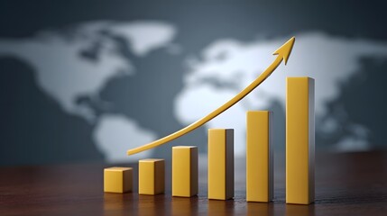 A 3D bar graph with a yellow upward arrow represents global economic growth on a blurred world map background