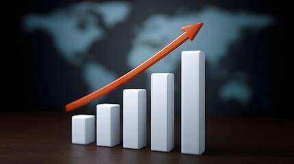 A 3D bar chart with an orange arrow showing upward growth against a blurred world map background symbolizing global economic progress