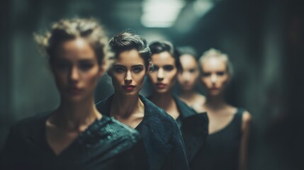 Fototapeta premium Group of women walking in a line, fashion show, runway models.