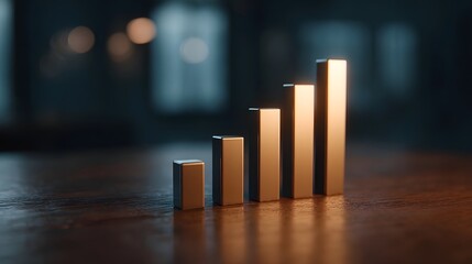 Metallic bar graph elements symbolizing financial growth and upward progress on a wooden surface
