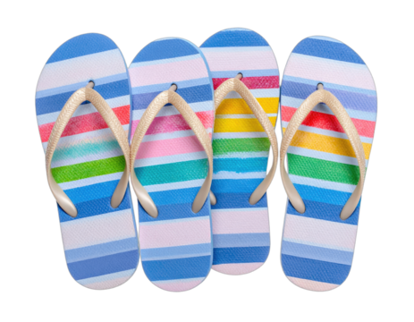 Close-up of four colorful striped flip-flops with beige straps against a black background - Powered by Adobe