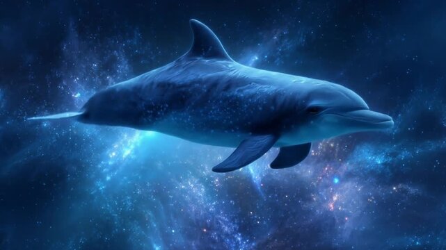 An ethereal dolphin glides through a nebula-lit cosmos, blue tide amid stars. and auroras softly lit