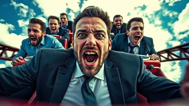 A group of men in a roller coaster ride with their mouths open