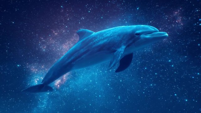 A graceful dolphin glides through a starry, nebula-lit space, luminous, serene, dreamlike, boundless dreamy
