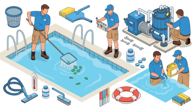 Detailed Isometric Vector Set Showcasing Professional Swimming Pool Maintenance, Cleaning, Equipment Service, and Repair Activities