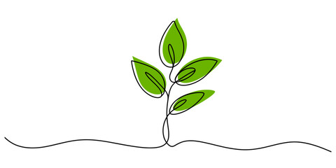 Minimalist continuous line art drawing depicting a small green plant sprout on a white background Vector, illustration