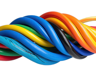 Close-up of intertwined, colorful, insulated electrical wires against a stark black background