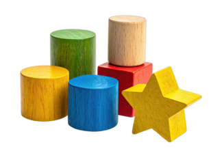 Colorful wooden shapes cylinders, cube, and star, isolated on a stark black backdrop