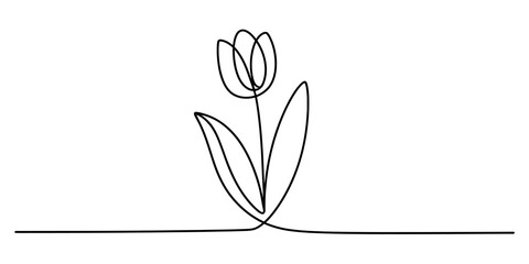 Continuous line art drawing of a small plant seedling growing from the ground, symbolizing nature and new beginnings. Vector, illustration