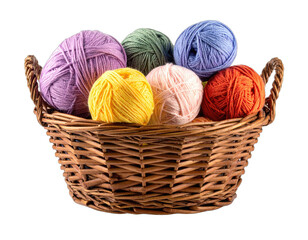 Colorful yarn balls of various hues nestled in a woven basket against a stark background