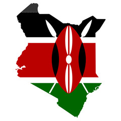 Kenya map silhouette with national flag colors and Maasai shield graphic
