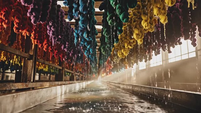 In a lively workshop, colorful threads dangle overhead, catching the sunlight. Water flows beneath them, creating a beautiful interplay of colors and reflections as creativity unfolds.