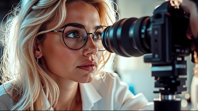 A woman wearing glasses looking through a camera lens