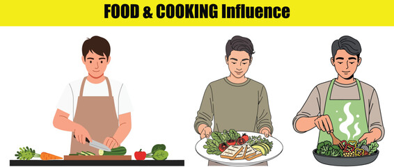 Men cooking chopping vegetables preparing salad and stir frying Keywords: cooking, food