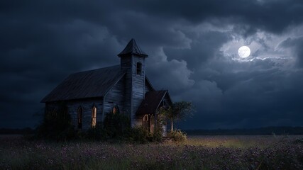 Mysterious Night: A tranquil church, bathed in soft moonlight and shadowed by billowing clouds, sits serenely amidst a field, an image of peace and solitude.