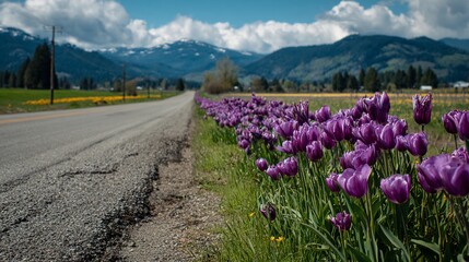 Obraz premium Road lined with purple tulips, field, mountains and puffy clouds in a vibrant spring scene